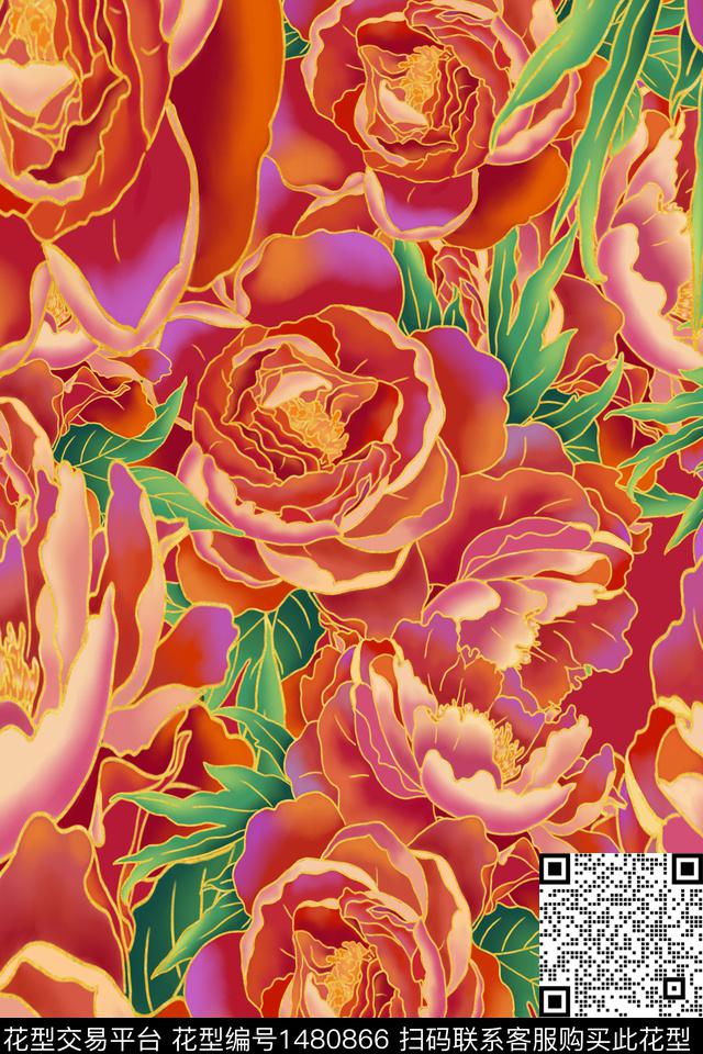 2.28红花.jpg - 1480866 - 绿植树叶 定位花 民族风 - 数码印花花型 － 女装花型设计 － 瓦栏