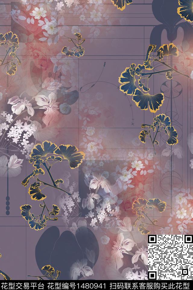 渐变线条抽象花卉数码印花花型下载（图片编号: 1480941） - 瓦栏（Walan）