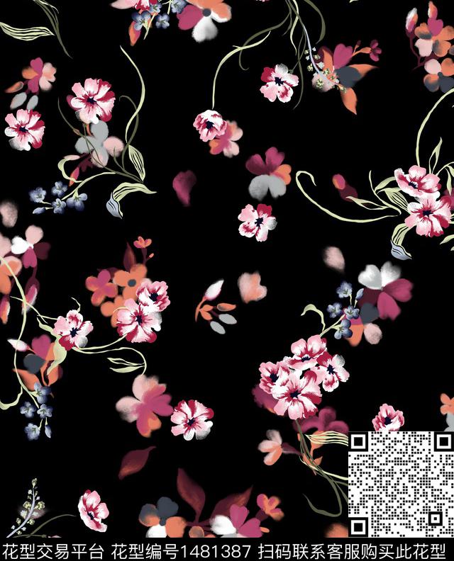 碎花枝条.jpg - 1481387 - 复古 水彩花卉 小碎花 - 数码印花花型 － 女装花型设计 － 瓦栏