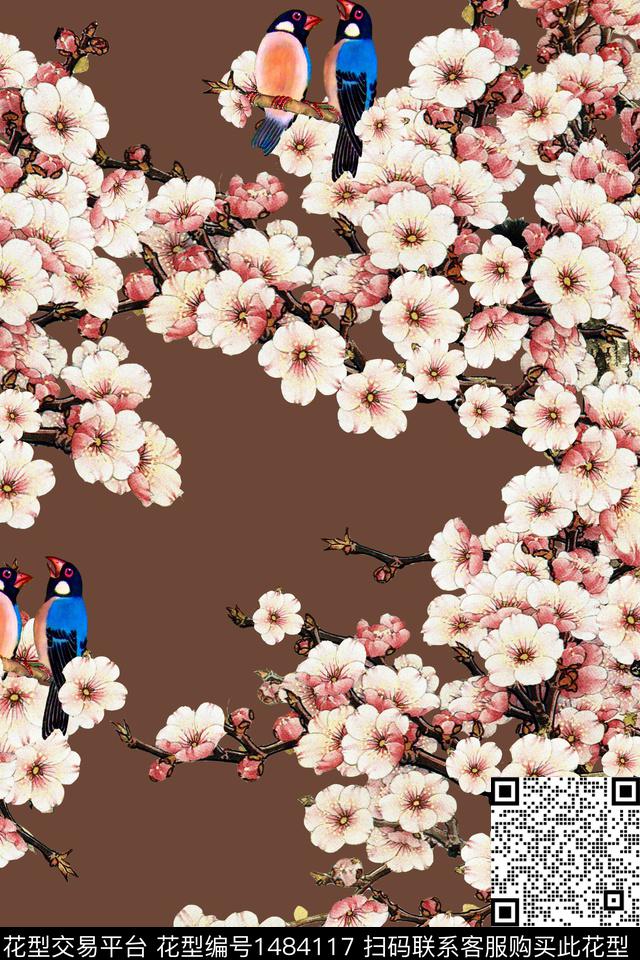 中国风花鸟深底.jpg - 1484117 - 田园 花鸟 民族风 - 数码印花花型 － 女装花型设计 － 瓦栏