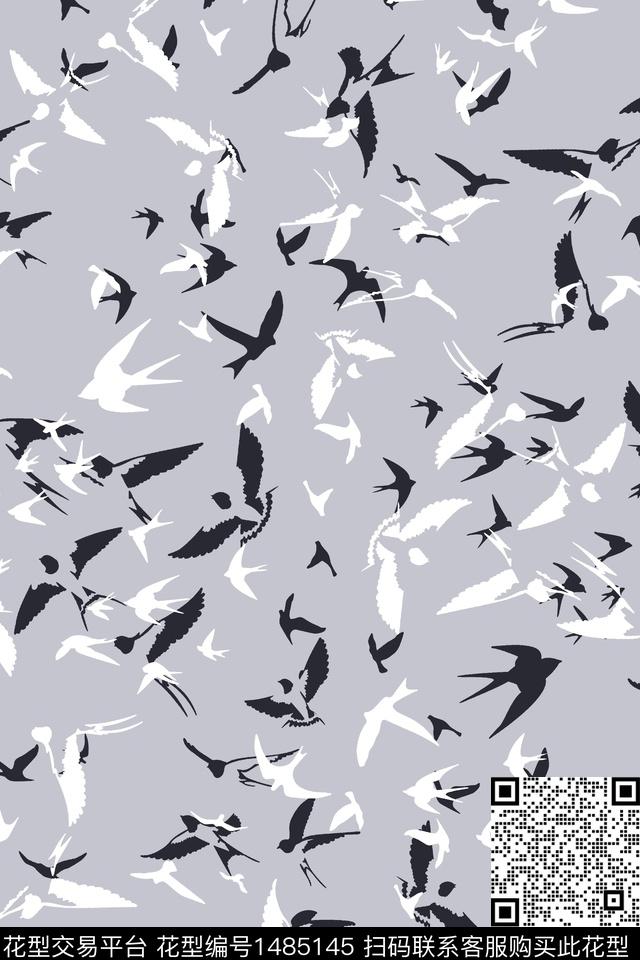 几何喜鹊满版散花数码印花花型下载（图片编号: 1485145） - 瓦栏（Walan）