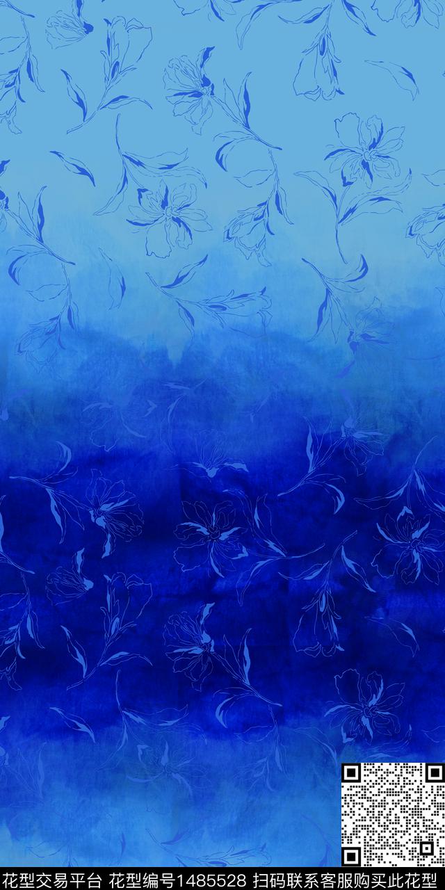 水墨风线条花卉水墨渐变数码印花花型下载（图片编号: 1485528） - 瓦栏（Walan）