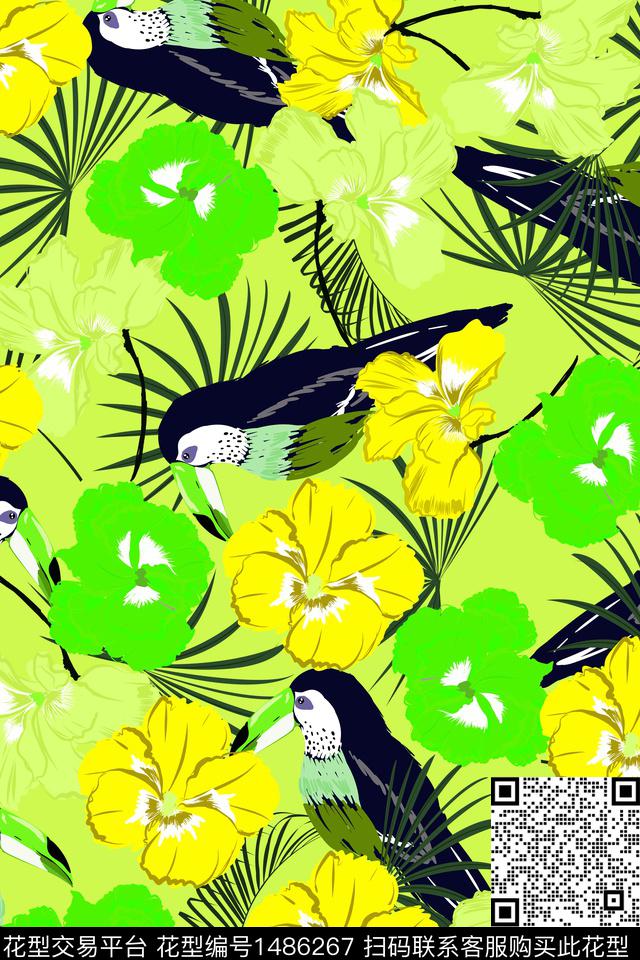 绿植树叶花鸟天堂鸟数码印花花型下载（图片编号: 1486267） - 瓦栏（Walan）