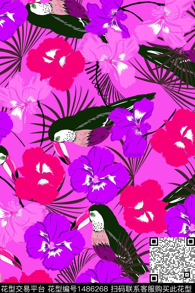 绿植树叶花鸟天堂鸟数码印花花型下载（图片编号: 1486268） - 瓦栏（Walan）