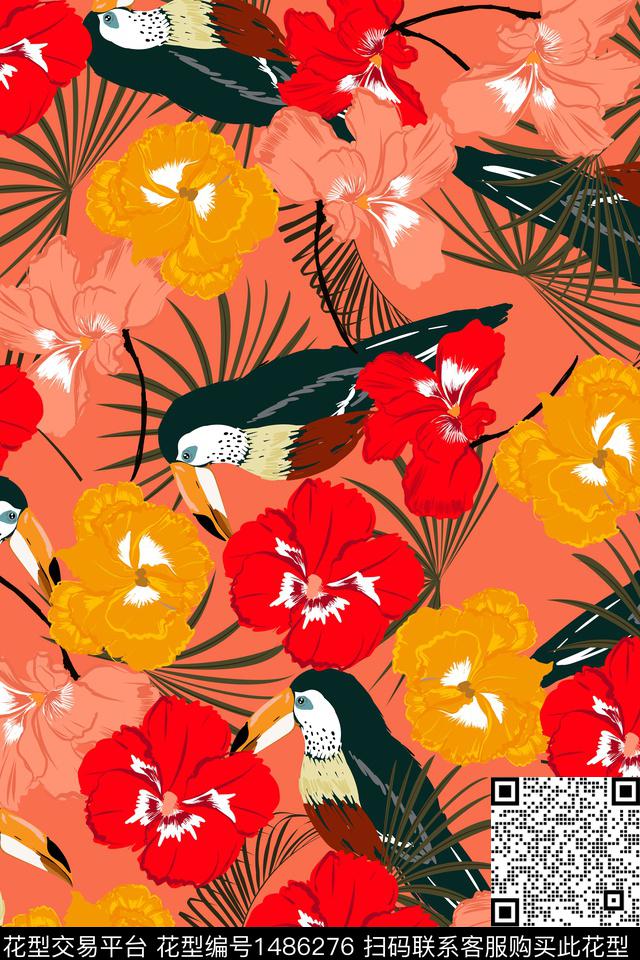 绿植树叶花鸟天堂鸟数码印花花型下载（图片编号: 1486276） - 瓦栏（Walan）