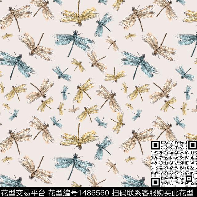 KN180118-4Z.jpg - 1486560 - 动物 蜻蜓 满版图案 - 数码印花花型 － 女装花型设计 － 瓦栏