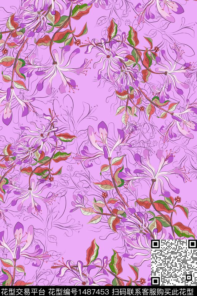 绿植树叶花卉大牌风数码印花花型下载（图片编号: 1487453） - 瓦栏（Walan）