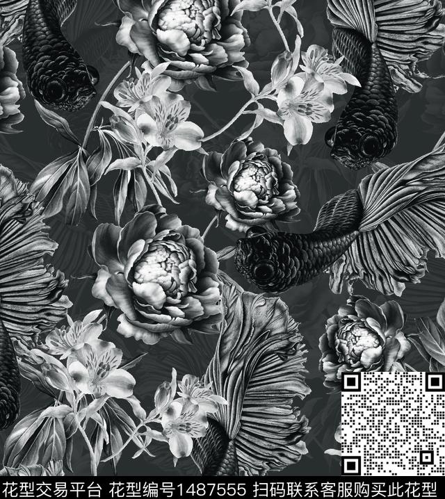 XYW2001-666.jpg - 1487555 - 绿植树叶 时尚 黑白花型 - 数码印花花型 － 男装花型设计 － 瓦栏