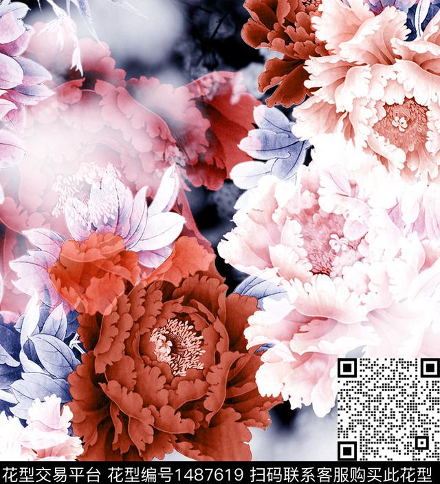 香云纱旗袍牡丹数码印花花型下载（图片编号: 1487619） - 瓦栏（Walan）