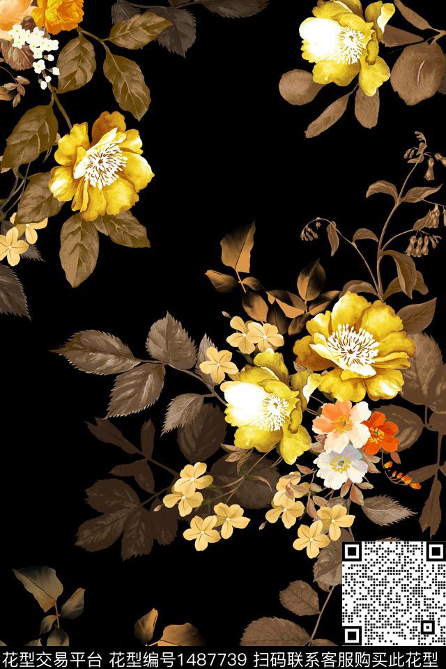 黑底花卉女装花卉数码印花花型下载（图片编号: 1487739） - 瓦栏（Walan）