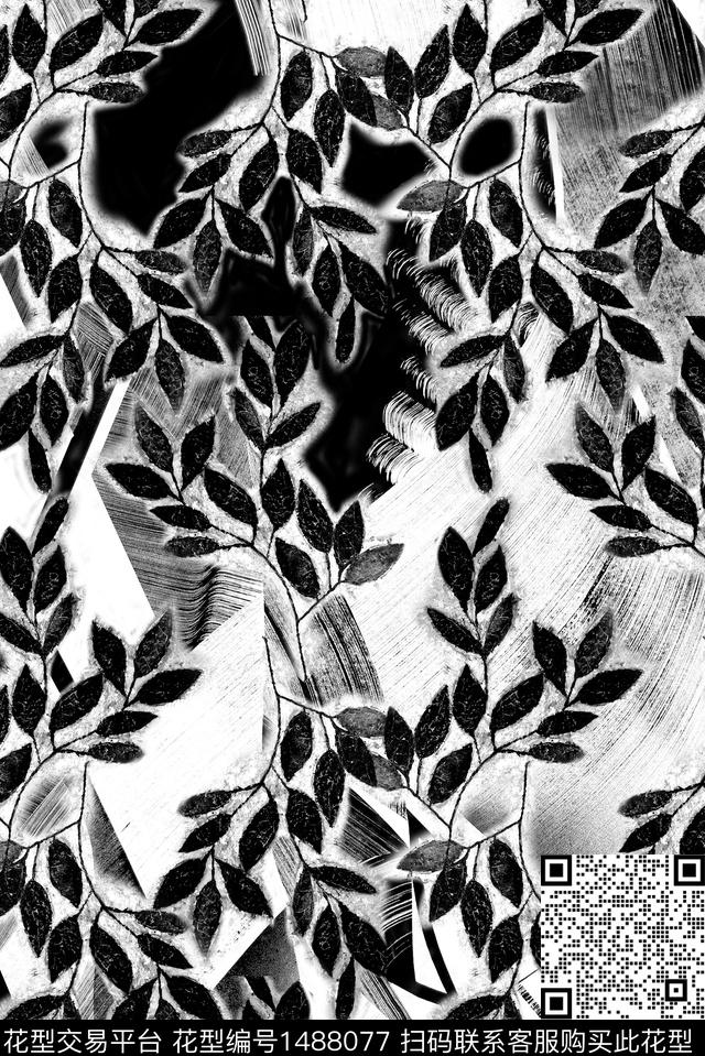 CR-BO-159原稿.jpg - 1488077 - 水墨风 黑白花型 绿植树叶 - 数码印花花型 － 女装花型设计 － 瓦栏