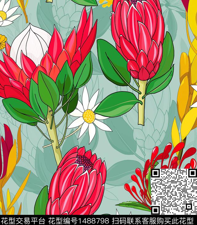 绿植树叶花卉大牌风数码印花花型下载（图片编号: 1488798） - 瓦栏（Walan）