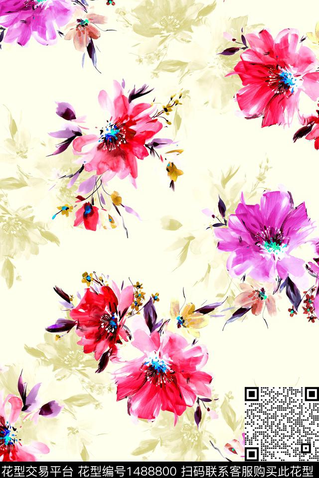 绿植树叶花卉大牌风数码印花花型下载（图片编号: 1488800） - 瓦栏（Walan）