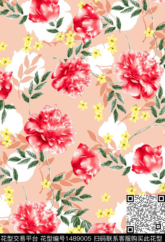 玫瑰花花卉手绘数码印花花型下载（图片编号: 1489005） - 瓦栏（Walan）