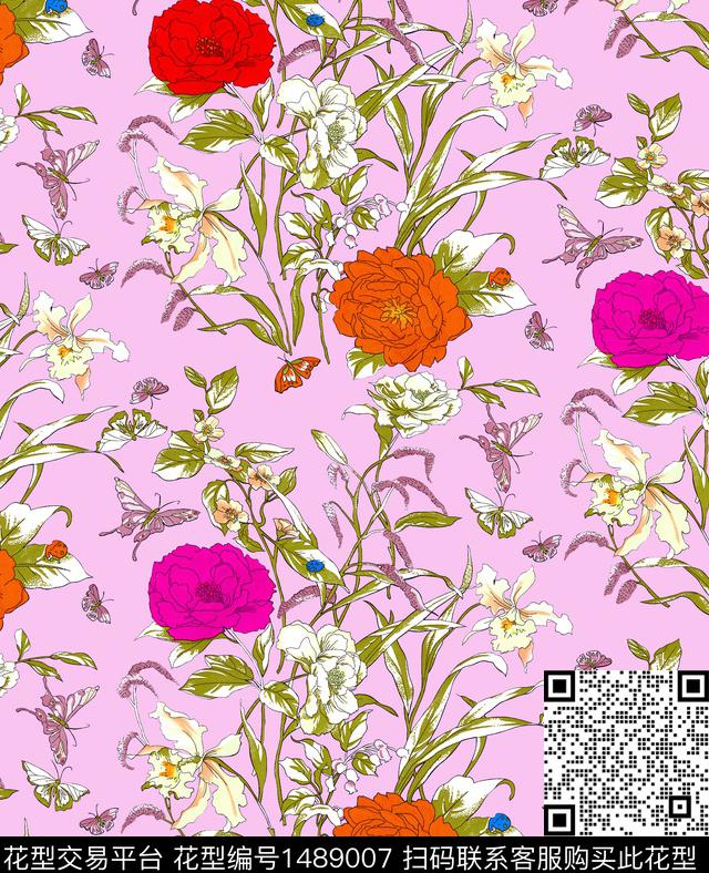 玫瑰花花卉手绘数码印花花型下载（图片编号: 1489007） - 瓦栏（Walan）