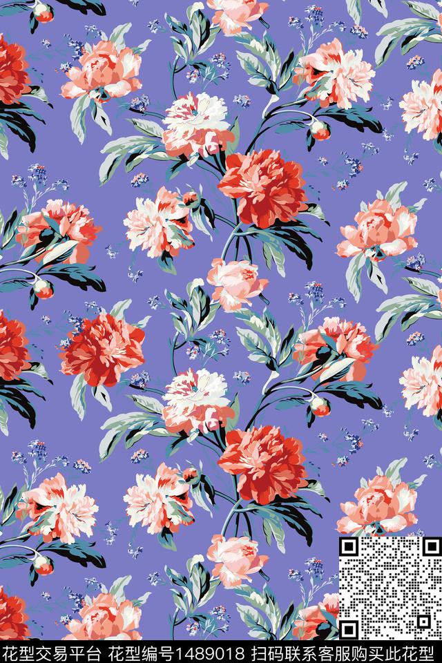 玫瑰花花卉手绘数码印花花型下载（图片编号: 1489018） - 瓦栏（Walan）
