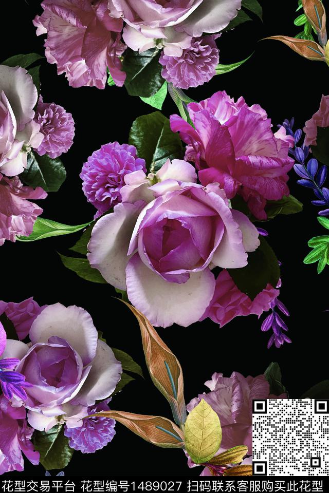 黑底花卉女装数码印花花型下载（图片编号: 1489027） - 瓦栏（Walan）