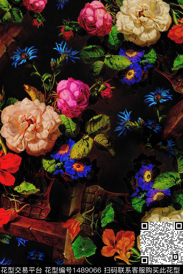 数码花型黑底花卉花卉数码印花花型下载（图片编号: 1489066） - 瓦栏（Walan）