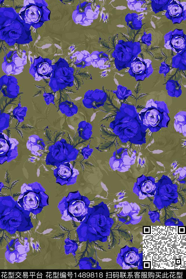 绿植树叶玫瑰花花卉数码印花花型下载（图片编号: 1489818） - 瓦栏（Walan）