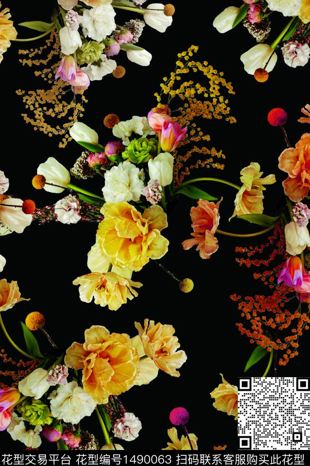 黑底花卉彩底花卉简约数码印花花型下载（图片编号: 1490063） - 瓦栏（Walan）
