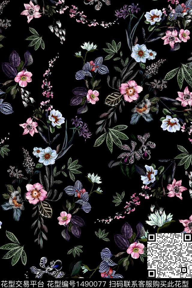 数码花型黑底花卉小碎花数码印花花型下载（图片编号: 1490077） - 瓦栏（Walan）
