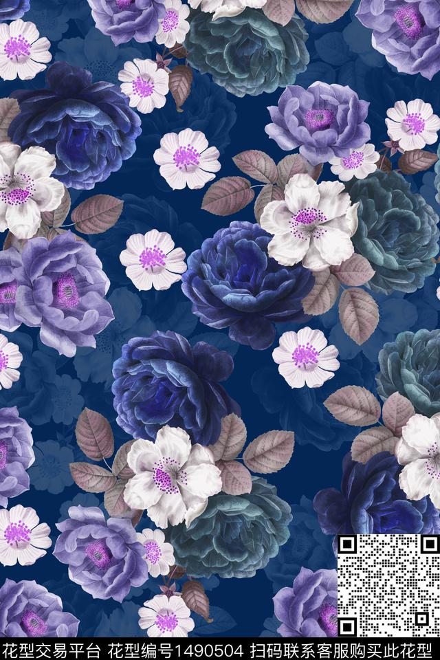 绿植树叶玫瑰花花卉数码印花花型下载（图片编号: 1490504） - 瓦栏（Walan）