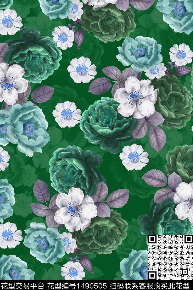 绿植树叶玫瑰花花卉数码印花花型下载（图片编号: 1490505） - 瓦栏（Walan）