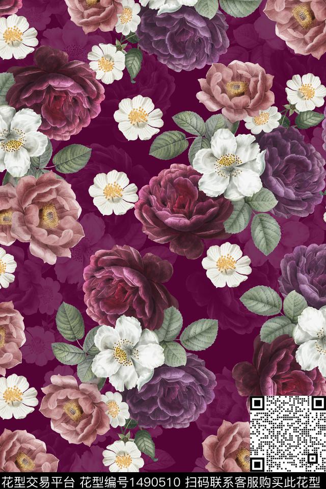 绿植树叶玫瑰花花卉数码印花花型下载（图片编号: 1490510） - 瓦栏（Walan）