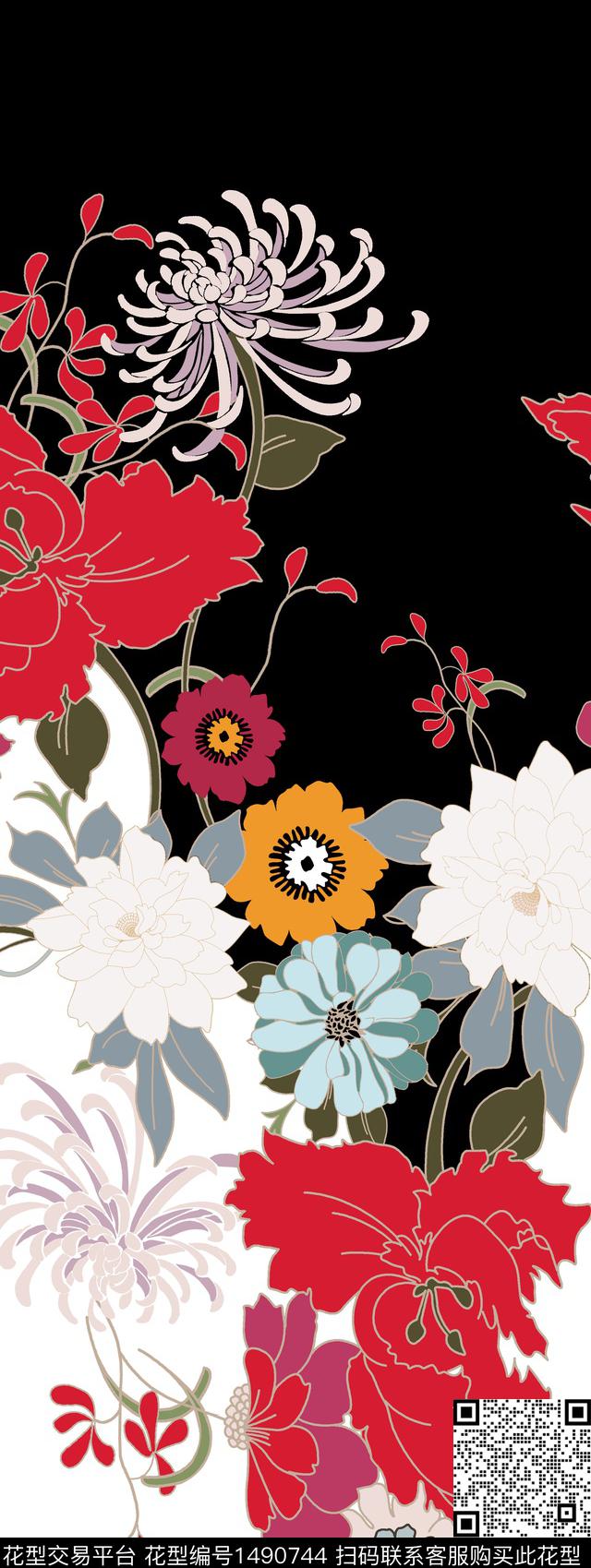 KN180123-1Z.jpg - 1490744 - 黑底花卉 定位花 民族风 - 传统印花花型 － 女装花型设计 － 瓦栏