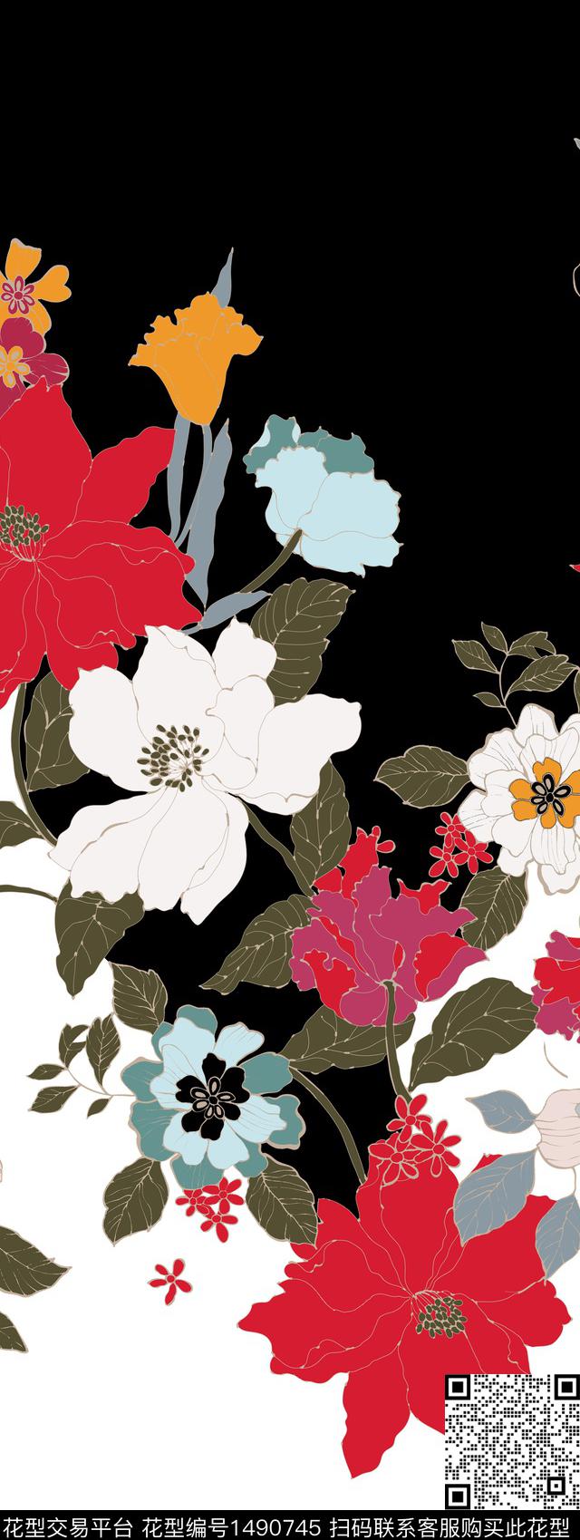 KN180124-1Z.jpg - 1490745 - 黑底花卉 定位花 民族风 - 传统印花花型 － 女装花型设计 － 瓦栏