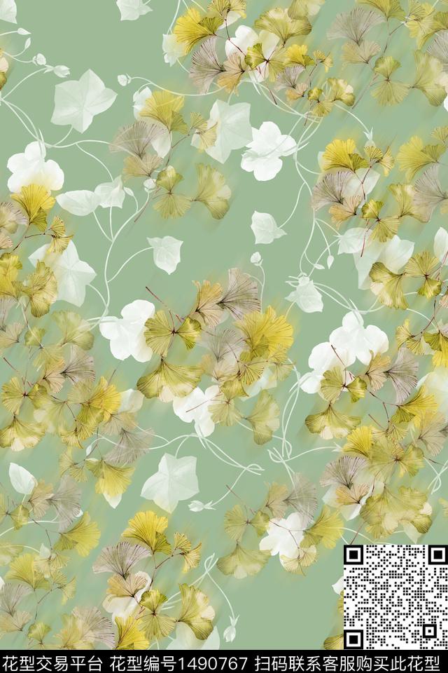 水彩绿植树叶肌理数码印花花型下载（图片编号: 1490767） - 瓦栏（Walan）