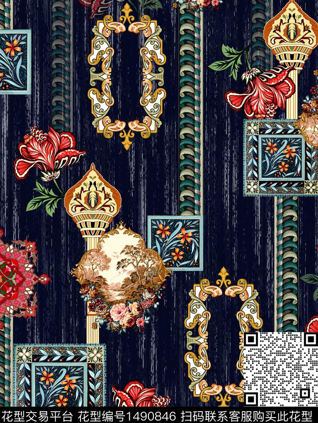 WSN-SHMB228.jpg - 1490846 - 几何 民族风 棉麻 - 数码印花花型 － 女装花型设计 － 瓦栏