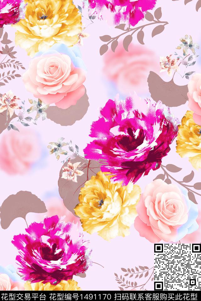 花卉大牌风手绘数码印花花型下载（图片编号: 1491170） - 瓦栏（Walan）