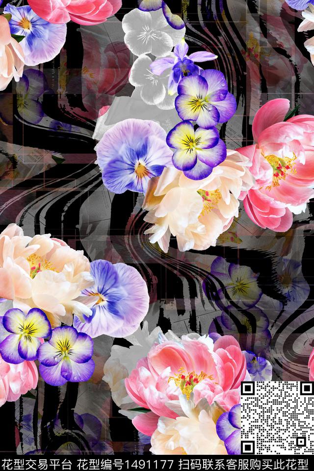 花卉大牌风手绘数码印花花型下载（图片编号: 1491177） - 瓦栏（Walan）