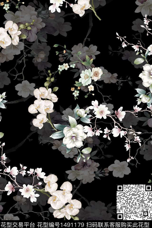 花卉大牌风手绘数码印花花型下载（图片编号: 1491179） - 瓦栏（Walan）