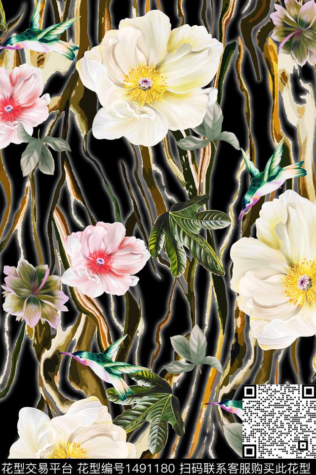 花卉大牌风手绘数码印花花型下载（图片编号: 1491180） - 瓦栏（Walan）