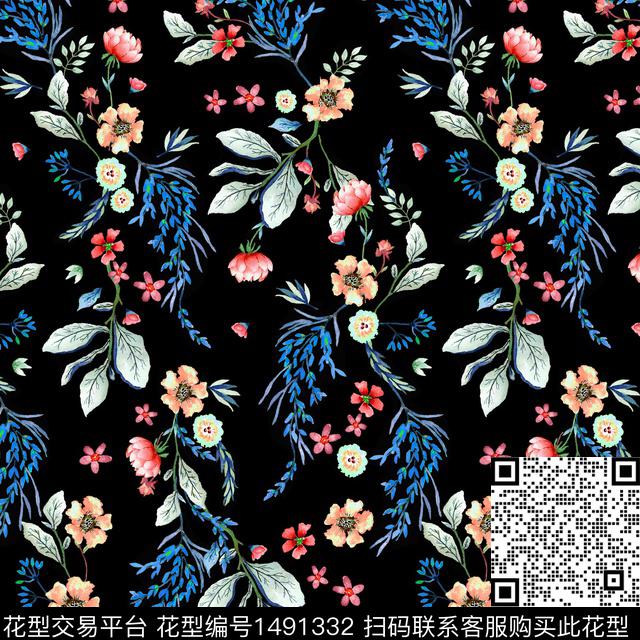KN180225-3Z.jpg - 1491332 - 植物 水彩花卉 满版散花 - 数码印花花型 － 女装花型设计 － 瓦栏