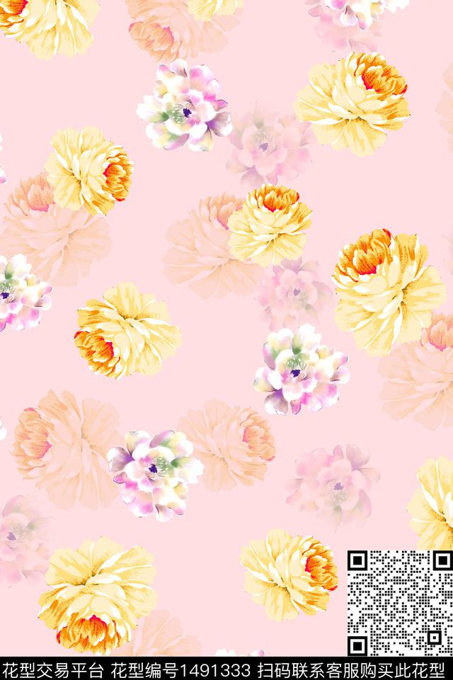 花卉大牌风手绘数码印花花型下载（图片编号: 1491333） - 瓦栏（Walan）