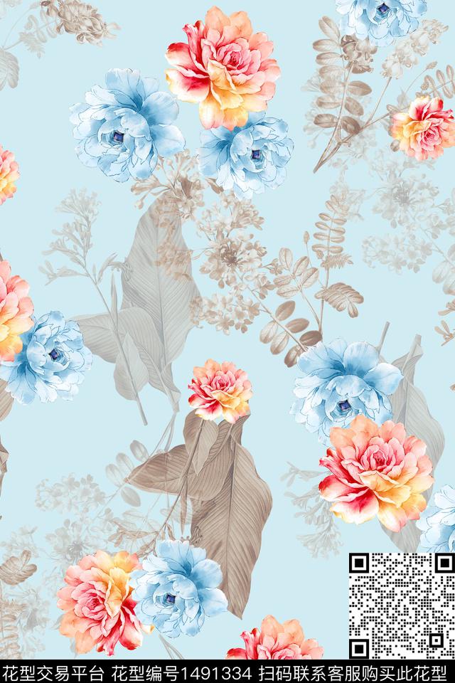 花卉大牌风手绘数码印花花型下载（图片编号: 1491334） - 瓦栏（Walan）