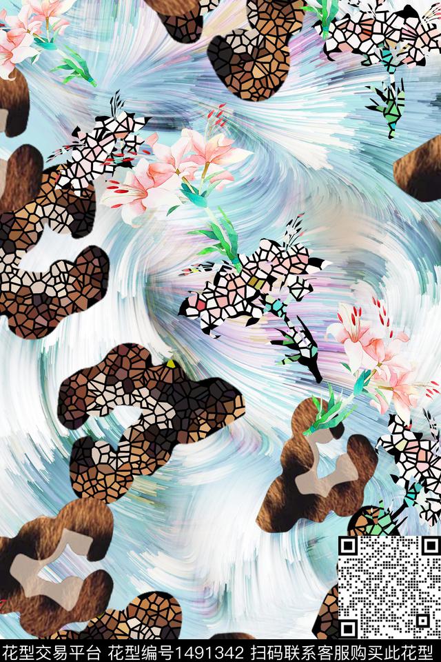 花卉大牌风手绘数码印花花型下载（图片编号: 1491342） - 瓦栏（Walan）