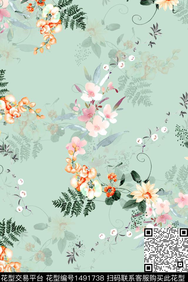 花卉大牌风手绘数码印花花型下载（图片编号: 1491738） - 瓦栏（Walan）