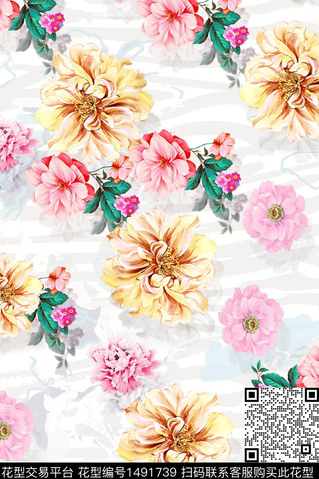花卉大牌风手绘数码印花花型下载（图片编号: 1491739） - 瓦栏（Walan）