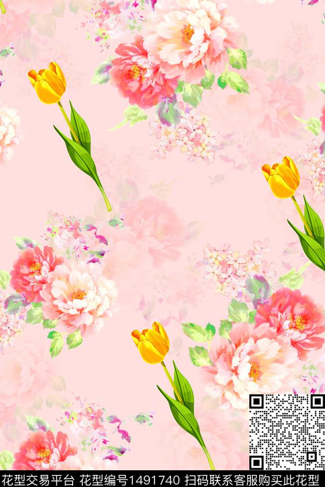 花卉大牌风手绘数码印花花型下载（图片编号: 1491740） - 瓦栏（Walan）