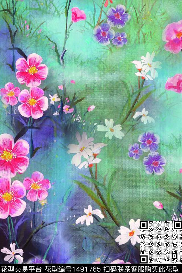 花卉朦胧花中老年风格数码印花花型下载（图片编号: 1491765） - 瓦栏（Walan）