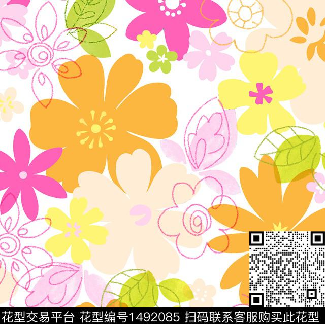 连衣裙黄花花卉传统印花花型下载（图片编号: 1492085） - 瓦栏（Walan）