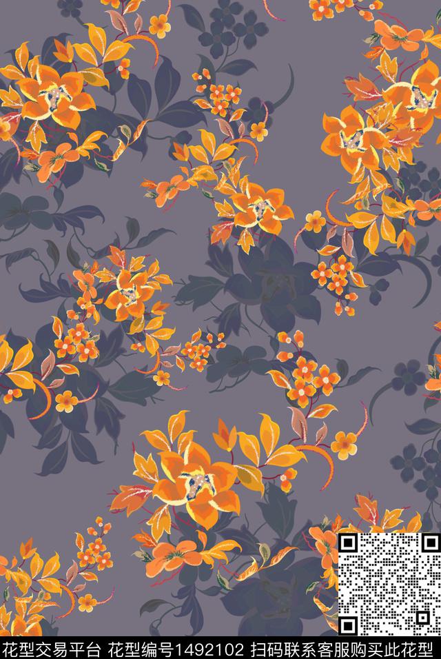 花型4.jpg - 1492102 - 绿植树叶 黑底花卉 花卉 - 数码印花花型 － 女装花型设计 － 瓦栏