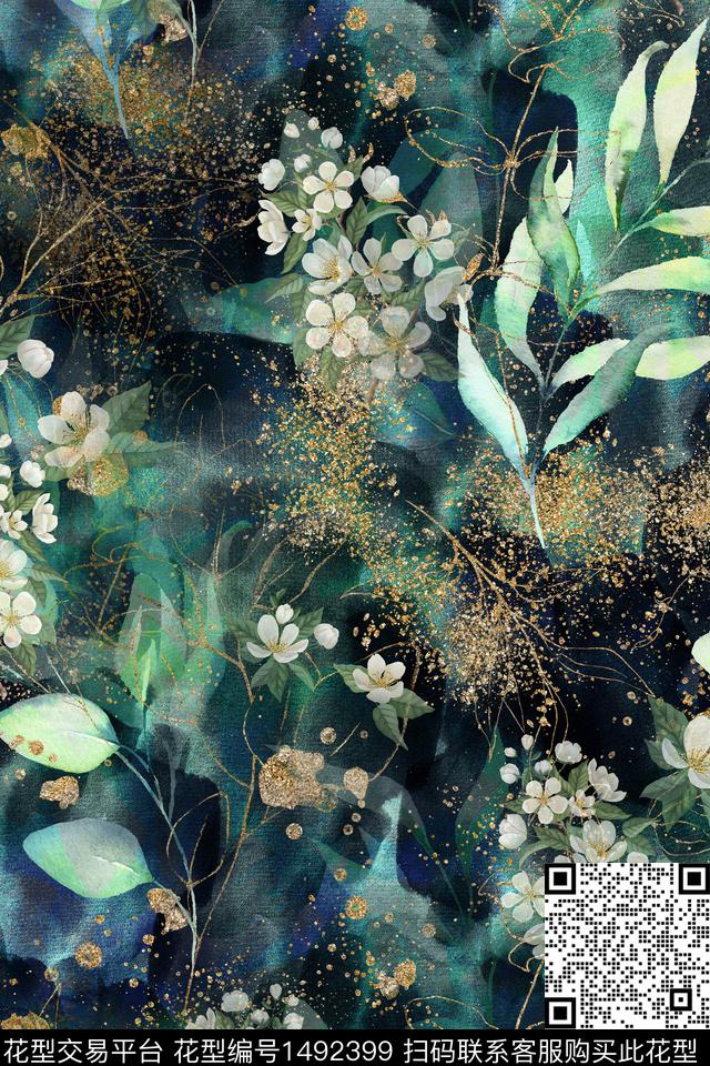 XPX-Woo5.jpg - 1492399 - 绿植树叶 数码花型 黑底花卉 - 数码印花花型 － 女装花型设计 － 瓦栏