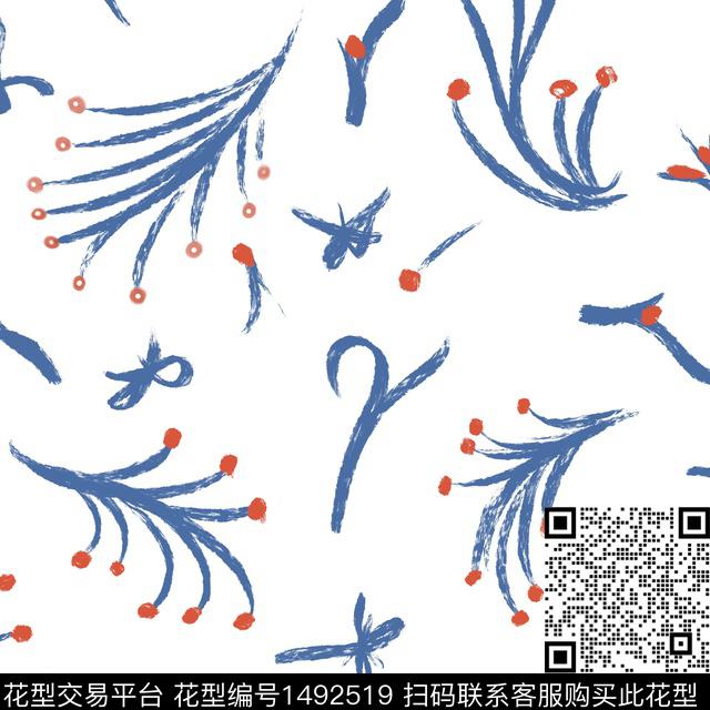 Blue_Cherry.jpg - 1492519 - 绿植树叶 花卉 小碎花 - 传统印花花型 － 女装花型设计 － 瓦栏