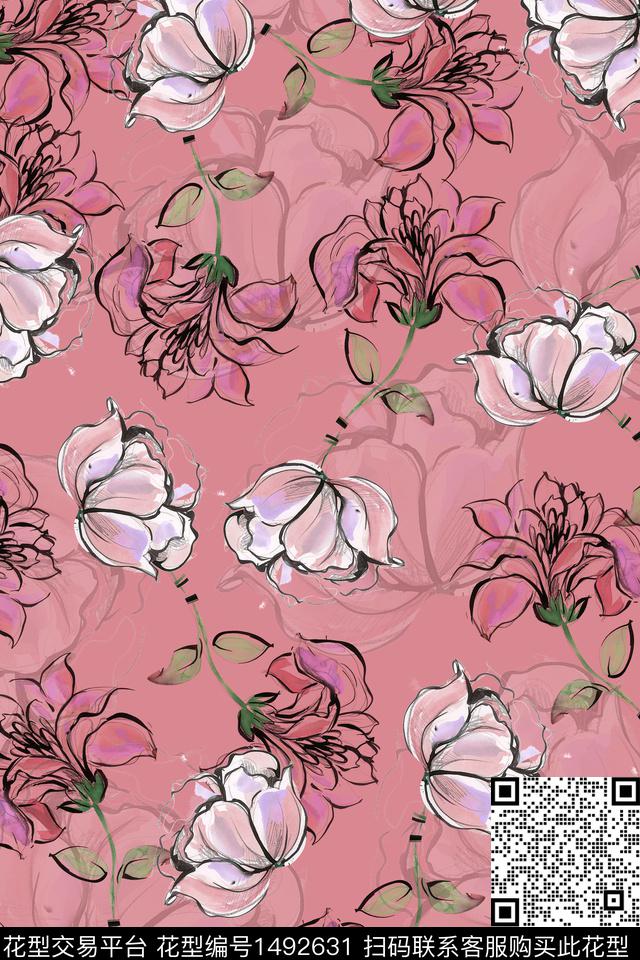 绿植树叶花卉大牌风数码印花花型下载（图片编号: 1492631） - 瓦栏（Walan）