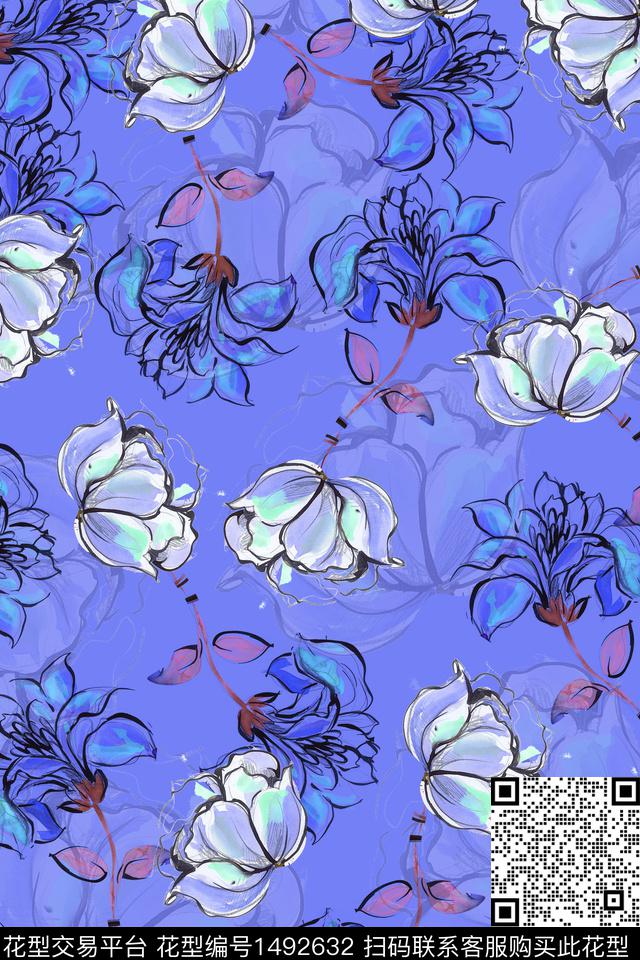 绿植树叶花卉大牌风数码印花花型下载（图片编号: 1492632） - 瓦栏（Walan）